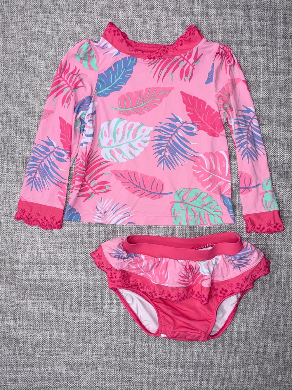 The Beaufort Bonnet Company Pink Tropical Leaf Long-Sleeve Rash Guard Set